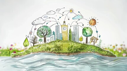 Green city concept. Illustration of a sustainable city with green buildings, trees and a river.