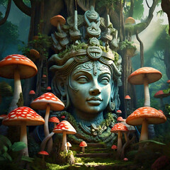 A giant statue of a female deity in the entrance of a temple in the dreamy dark forest with with poisonous red mushrooms