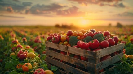 Various kinds of vegetables harvested in a wooden box in a field with sunset Natural organic fruit abundance Agriculture healthy and natural food