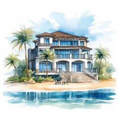 Fototapeta premium Luxury beachfront villa flat design front view serene vacation spot theme water color Tetradic color scheme