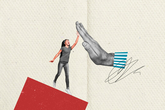 Composite collage image of funny little girl hands high five hello friendship bizarre unusual fantasy billboard