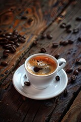 a cup of coffee on a wooden table. selective focus