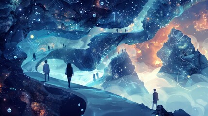 People walking through a beautiful snowy landscape.