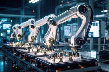 Fototapeta premium Robot Arms on Fully Automated Line Inside Modern Electronics Factory