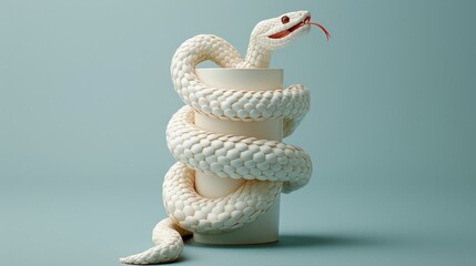 Snake wrapped around a white column, its head raised and facing the viewer with a menacing expression