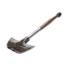 A dirty shovel isolated on a transparent background. The shovel is made of metal and has a wooden handle. It is covered in dirt and has a rusty appearance.