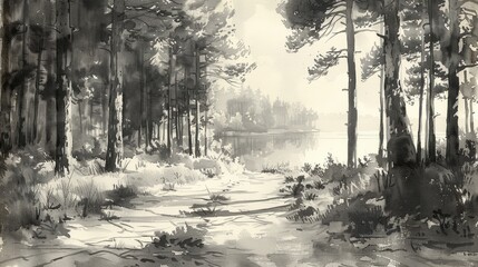 The black and white photo shows a beautiful pine forest with a lake in the distance