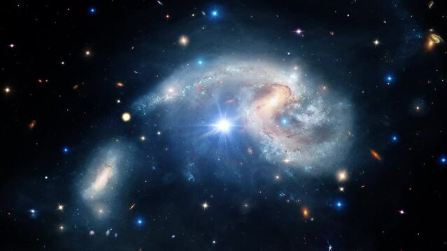 Space travel flying in to The Arp 72 a galaxy pair that includes NGC 5996 . 4K is motion footage for scientific films and cinematic in space for scene and titles.. Elements of this image furnished by 