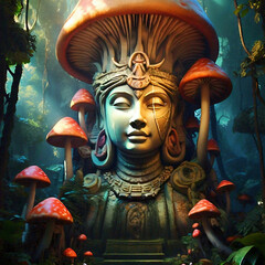 A giant statue of a female deity with a mushroom on her head against the background of mushrooms in the dreamy dark forest