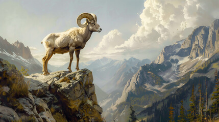 bighorn sheep  standing on mountain cliff with trees and mountains in the background