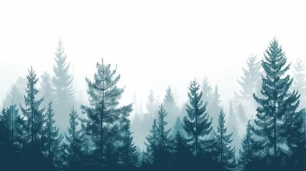 Obraz premium Create a watercolor painting of a misty pine forest. The trees should be dark green and the background should be a light blue. The painting should be in a realistic style.