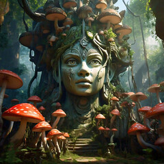 A giant statue of a female deity with mushrooms on her head against the background of mushrooms in the dreamy dark forest