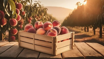 wooden box filled with fresh peaches - Powered by Adobe