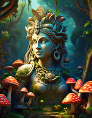 Fantasy landscape with a giant statue of a female deity among the mushrooms and trees