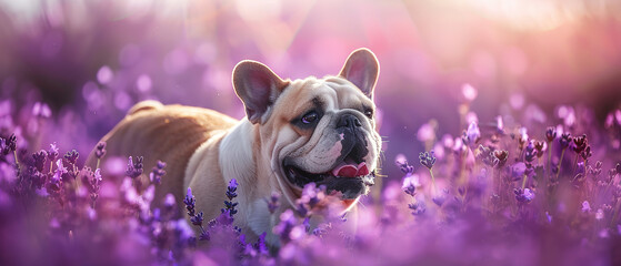 A bulldog standing in a purple lavender field.