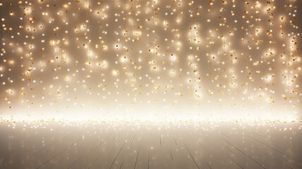 decorated wall Christmas glowing festive winter background, small gold and lights garlands on the background