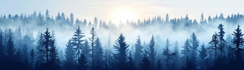 Fototapeta premium Create a realistic matte painting of a blue misty forest with a mountain range in the distance. Include a few rays of sunlight breaking through the trees.