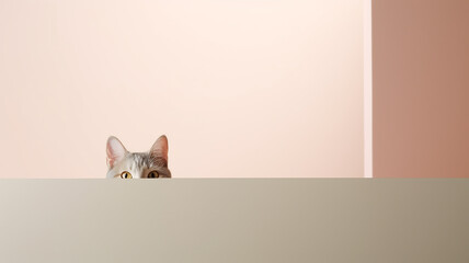 cat peeks out, on a smooth background in the studio, lots of copy space for design