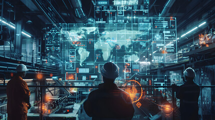Concept of Futuristic Technology: Artificial intelligence software Engineers and finance Workers in a digitalized financial stock market with Graphics into Digital Twin of finance Industry