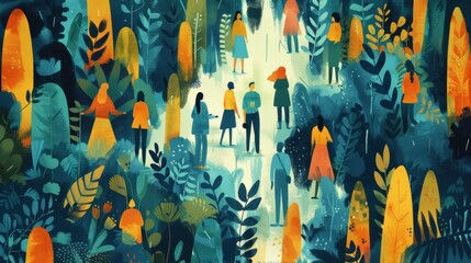 Fototapeta premium abstract painting of a group of people walking through a forest