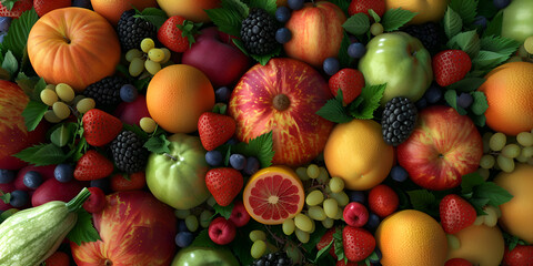 A large variety of fruits are arranged on a table