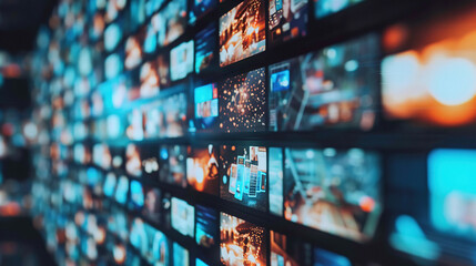 A wall of digital screens displaying various media content, representing the wide range and diversity in video marketing solutions.