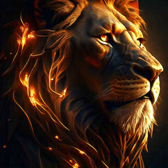 a majestic Lion head with fire flames on a black background