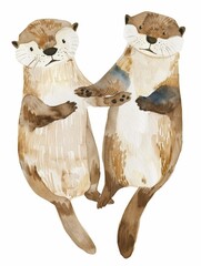 Adorable Otters Holding Hands in the River, Perfect for Children's Book Illustrations Generative AI