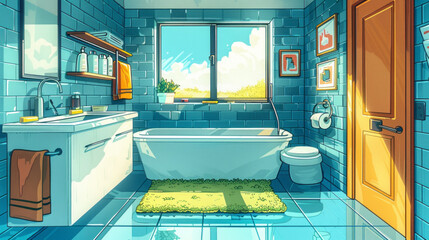 Stylish Bathroom Interior with Vintage Blue Tiles