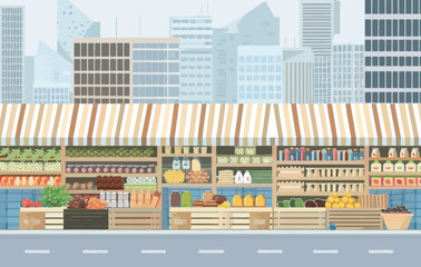 an illustration of a grocery store in a city