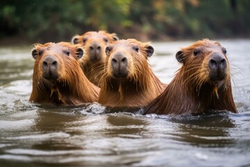 Group of capybaras submerged in water, their heads peeking out as they swim together