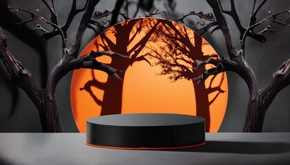 3d black and orange product podium display with tree shadow background halloween product mockup background 3d render illustration