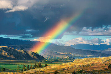 landscape with a featuring a vibrant rainbow over a picturesque valley