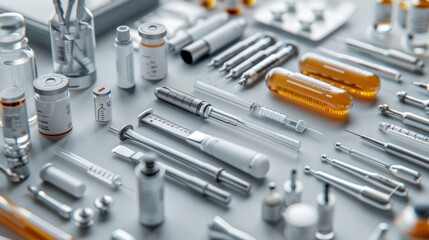 Fototapeta premium variety of medical instruments and supplies, including scalpels, forceps, and vials.