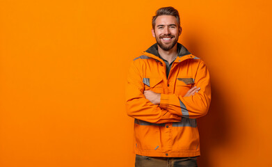 Happy man in orange jacket standing against orange wall.
