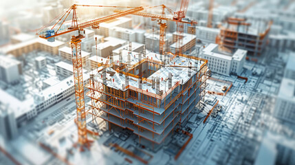 3D Construction Site on Blueprint Background