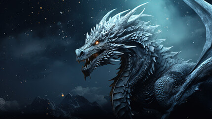 Blue dragon in the night. Cinematic wallpaper.