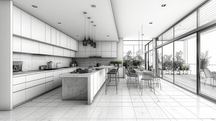 Modern Monochrome Kitchen Interior Design Sketch