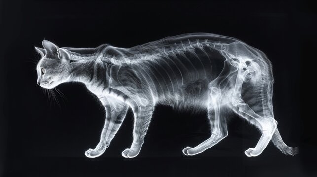 A mesmerizing x-ray reveals the skeletal structure of a graceful cat in mid-stride, its delicate bones highlighted against a stark black background. X-ray scan.