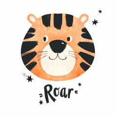 Cute kid's print with watercolor hand drawn tiger smiling face. Children's print. Stock baby illustration.