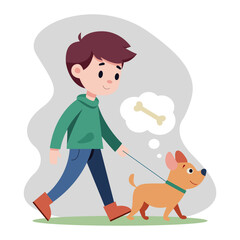 Boy taking his dog for a walk outdoors in nature