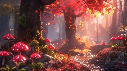 beautiful forest with red mushrooms. The light is shining through the trees.