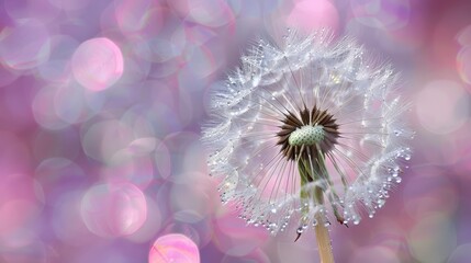 Delicate dandelion seeds with dewdrops against a bokeh background, perfect for beauty and nature concepts.