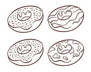 Donut collection in line art style. Set of sweets for bakery design. Vector illustration isolated on a white background.