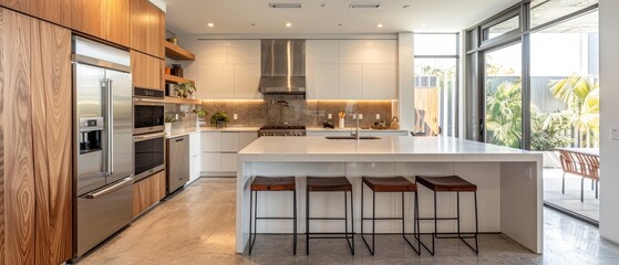 Minimalist kitchen with integrated appliances, handlefree cabinets, and a central island with bar stools