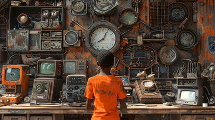 A man stands in front of a room filled with various types of clocks, looking at the different...