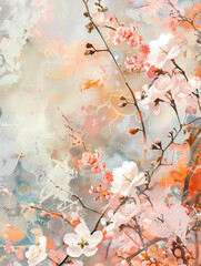 Abstract Floral Artwork with Cherry Blossoms and Textured Background