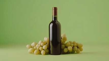 Obraz premium Wine bottle with green grapes on a green background