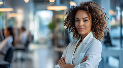 Fototapeta premium A woman with curly hair standing in an office.