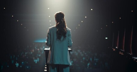 Energetic Speaker Giving a Speech at a Modern Conference Hall in Front of Crowd of Corporate Specialists. Female Presenter Making Powerful Gestures, Motivating Young Leaders and Business Experts